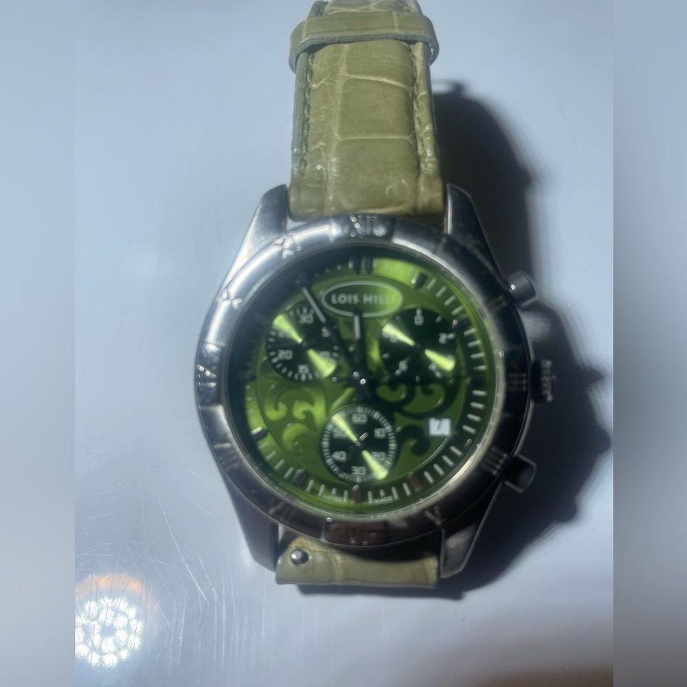 Lois Hill LH0011 Unisex Vintage Rare Green Dial Chronograph Alligator Band Swiss